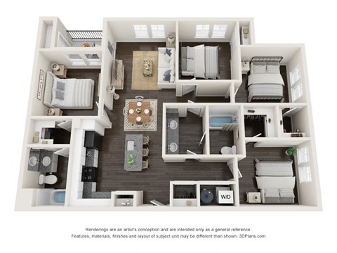 Floor plan for 4 beds, 2 baths, 1324 sqft